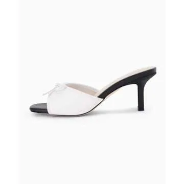 Coutgo Womens Kitten Heels Bow Mules Low Stiletto Heel Slides Sandals Open Toe Backless Comfortable Dress Shoes, White, Size 6.5