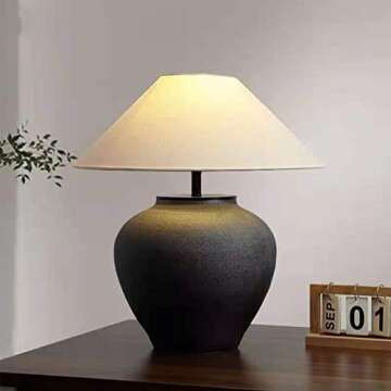PURESILKS Farmhouse Black Ceramic Table Lamp, Tile Pot Table Lamp with Linen Fabric Shade, Modern De...