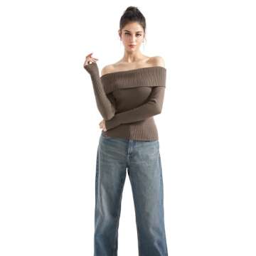 SUUKSESS Women Off Shoulder Sweater Long Sleeve Ribbed Knit Pullover Sweater Tops Going Out Fall Shirt (Khaki, M)