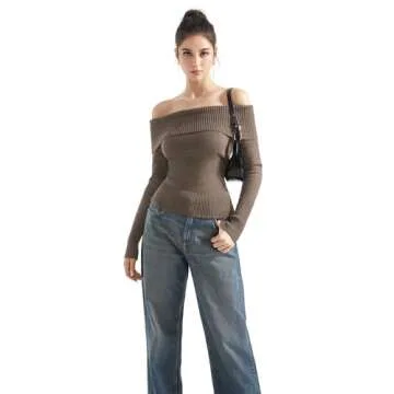 SUUKSESS Women Off Shoulder Sweater Long Sleeve Ribbed Knit Pullover Sweater Tops Going Out Fall Shirt (Khaki, M)