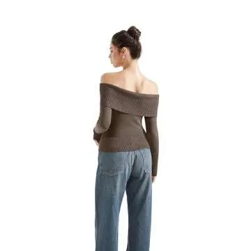 SUUKSESS Women Off Shoulder Sweater Long Sleeve Ribbed Knit Pullover Sweater Tops Going Out Fall Shirt (Khaki, M)