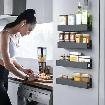BIETCR Magnetic Spice Rack Organizer For Refrigerator, Magnetic Shelf For Refrigerator And Microwave Oven, Metal Kitchen Organizer For Space Saver (4 Pack Black)