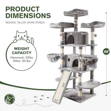 IMUsee 68 Inches Multi-Level Large Cat Tree for Large Kitties/Big Cat Tower with Condo/Cozy Plush Perches/Sisal Scratching Posts and Hammocks/ ‌Feline Activity Center Play House/Grey