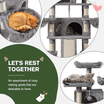 IMUsee 68 Inches Multi-Level Large Cat Tree for Large Kitties/Big Cat Tower with Condo/Cozy Plush Perches/Sisal Scratching Posts and Hammocks/ ‌Feline Activity Center Play House/Grey