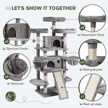 IMUsee 68 Inches Multi-Level Large Cat Tree for Large Kitties/Big Cat Tower with Condo/Cozy Plush Perches/Sisal Scratching Posts and Hammocks/ ‌Feline Activity Center Play House/Grey