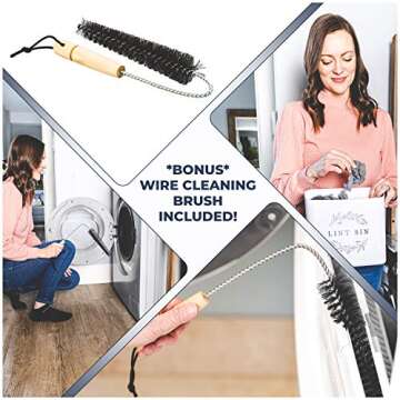 Magnetic Lint Bin - Laundry Room Decor Accessories, Waste Holder with Cleaning Wire Brush - Magnetic Strip Attachment on Washer & Dryer - Farmhouse Laundry Room Trash Can Organization and Storage Bin