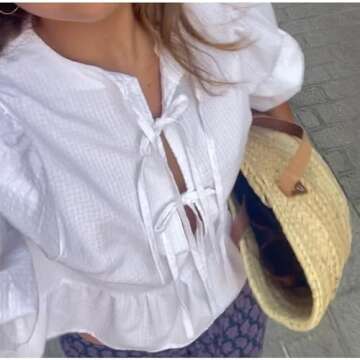 Trendy Tie Front Top Blouse with Puff Sleeves