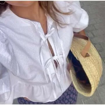 Trendy Tie Front Top Blouse with Puff Sleeves