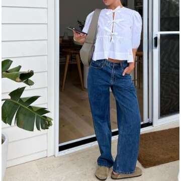 Trendy Tie Front Top Blouse with Puff Sleeves