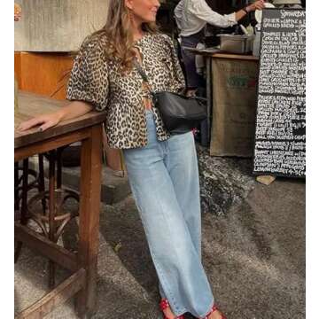 Trendy Tie Front Top Blouse with Puff Sleeves