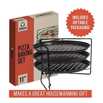 Chef Pomodoro Pizza Baking Set with 3 Pizza Pans and Pizza Rack, (11-Inch Pans), Non-stick Perforated Pizza Trays for Oven, Grill, Pizza Pan with Holes, Pizza Pan for Oven, Barbeque, Bakeware Supplies