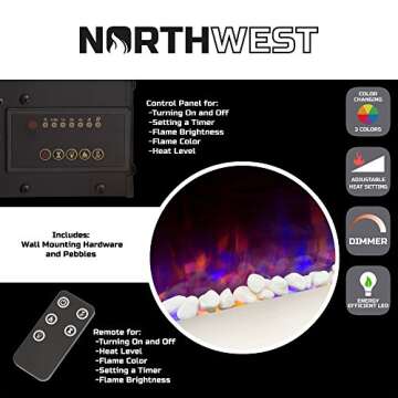 Northwest Electric Fireplace - 54 Inch Wall Mounted Fireplace Heater with Remote Control Adjustable LED Flame Color, Timer, and Heat (Silver)