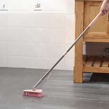 Cleaning Brush with Long Handle Floor Scrubbers for Tub Tile Cleaning Supplies Scrub Brush for Bathroom Bathtub Toilet Floor Kitchen Apartment Essentials Gifts for Women Men (Pink)