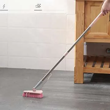 Cleaning Brush with Long Handle Floor Scrubbers for Tub Tile Cleaning Supplies Scrub Brush for Bathroom Bathtub Toilet Floor Kitchen Apartment Essentials Gifts for Women Men (Pink)