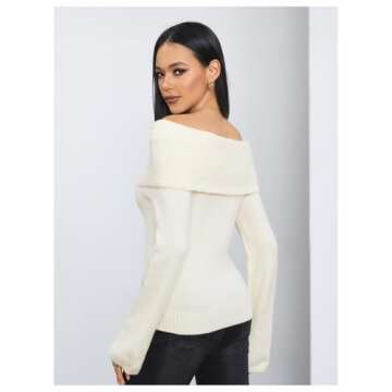 MakeMeChic Women's Off Shoulder Sweater Long Sleeve Fold Over Sweater Pullover Tops Beige CC Medium