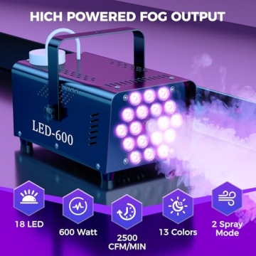 MLIKOEU Fog Machine Smoke Machine, 18 LED Lights with 13 Colors, 600W and 2500CFM Fog, Wireless&Wire...
