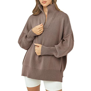 LOGENE Women's 1/4 Zipper Sweatshirt Long Sleeve Oversized Slit Side Knit Pullover Sweaters Brown