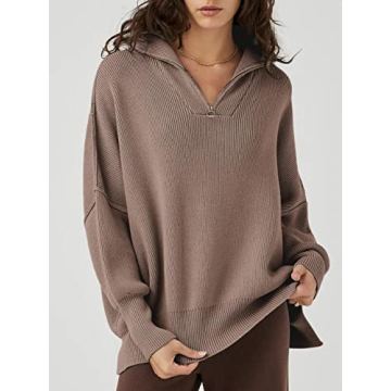 LOGENE Women's 1/4 Zipper Sweatshirt Long Sleeve Oversized Slit Side Knit Pullover Sweaters Brown