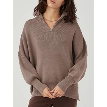 LOGENE Women's 1/4 Zipper Sweatshirt Long Sleeve Oversized Slit Side Knit Pullover Sweaters Brown