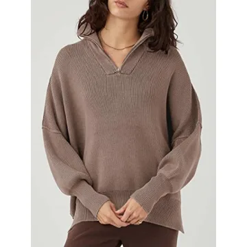 LOGENE Women's 1/4 Zipper Sweatshirt Long Sleeve Oversized Slit Side Knit Pullover Sweaters Brown