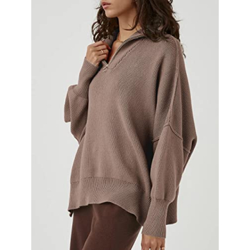 LOGENE Women's 1/4 Zipper Sweatshirt Long Sleeve Oversized Slit Side Knit Pullover Sweaters Brown