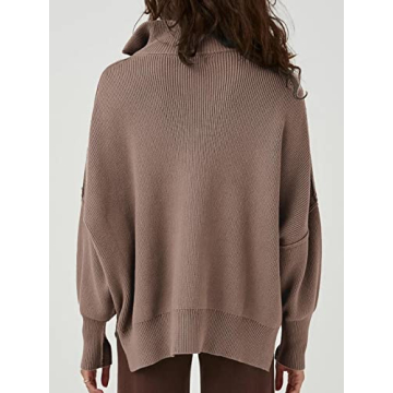 LOGENE Women's 1/4 Zipper Sweatshirt Long Sleeve Oversized Slit Side Knit Pullover Sweaters Brown