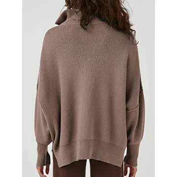 LOGENE Women's 1/4 Zipper Sweatshirt Long Sleeve Oversized Slit Side Knit Pullover Sweaters Brown