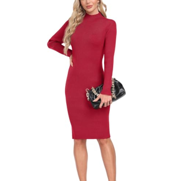 GRECERELLE Women's 2024 Fall Mock Neck Long Sleeve Ribbed Knit Slim Fit Bodycon Midi Sweater Dress (...