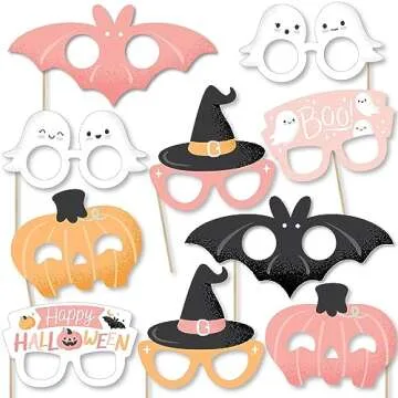 Big Dot of Happiness Pastel Halloween Glasses and Masks - Paper Card Stock Pink Pumpkin Party Photo Booth Props Kit - 10 Count