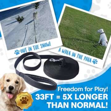 Pofomede Multiple Use Nylon Training Lead Long 33ft Dog Leash with Leather Padded Handle for Large Medium Dog Training Walking, Adjustable Nylon Dog Collar with Safe Buckle (Black)