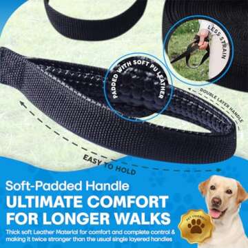 Pofomede Multiple Use Nylon Training Lead Long 33ft Dog Leash with Leather Padded Handle for Large Medium Dog Training Walking, Adjustable Nylon Dog Collar with Safe Buckle (Black)