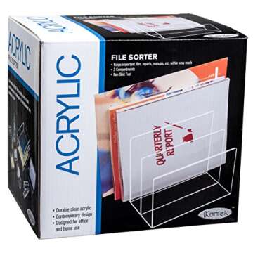 Kantek Clear Acrylic File Sorter, 3 Section Desk Collator, 8" x 6.5" x 7.6", Non-Skid Feet, Office Organizer, Desk Accessory