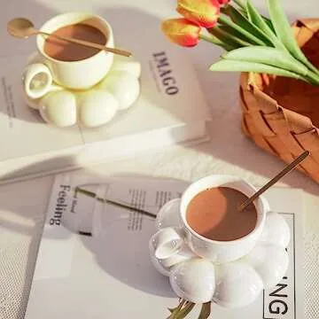 2 Pieces Ceramic Cloud Coffee Mug，7oz Cute Creative Cup with Sunflower Coaster，Perfect For Tea, Espresso, Latte (Set A)