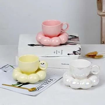2 Pieces Ceramic Cloud Coffee Mug，7oz Cute Creative Cup with Sunflower Coaster，Perfect For Tea, Espresso, Latte (Set A)