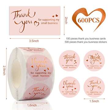 600PCS Thank You Cards and Stickers, Gold Foil Pink Thank You Business Greeting Cards 1.5 Inch Thank...