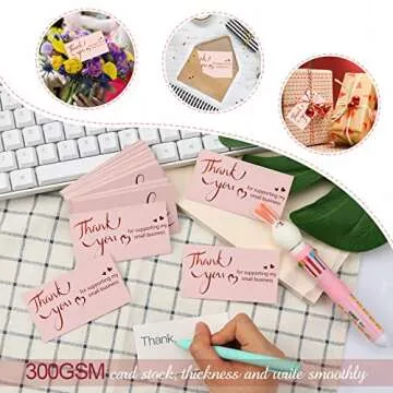 600PCS Thank You Cards and Stickers, Gold Foil Pink Thank You Business Greeting Cards 1.5 Inch Thank You for Supporting My Small Business Stickers for Online Retail Shop Package Inserts