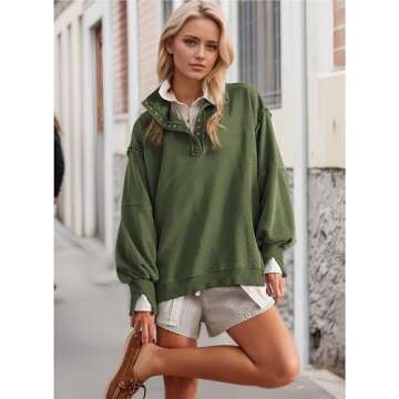 Fdakg Oversized Sweatshirt for Women Pullover Henley Button Up V Neck Top Trendy Casual High Low Spl...