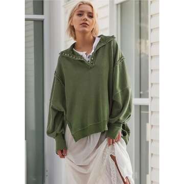 Fdakg Oversized Sweatshirt for Women Pullover Henley Button Up V Neck Top Trendy Casual High Low Split Fall Clothes 2025 Green