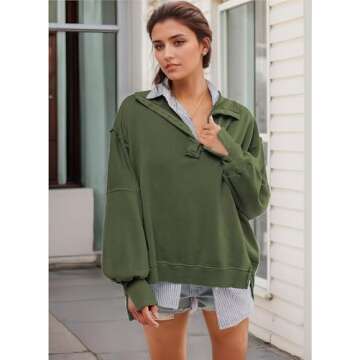 Fdakg Oversized Sweatshirt for Women Pullover Henley Button Up V Neck Top Trendy Casual High Low Split Fall Clothes 2025 Green