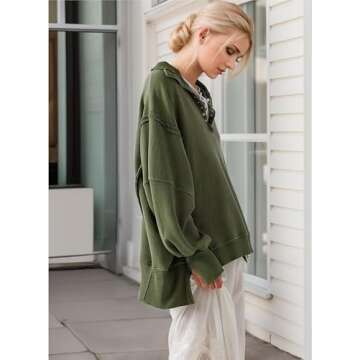 Fdakg Oversized Sweatshirt for Women Pullover Henley Button Up V Neck Top Trendy Casual High Low Split Fall Clothes 2025 Green