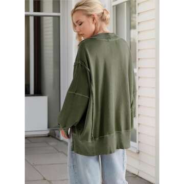 Fdakg Oversized Sweatshirt for Women Pullover Henley Button Up V Neck Top Trendy Casual High Low Split Fall Clothes 2025 Green