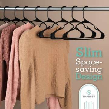 Sharpty Plastic Hangers, 20-Pack, Slim, Space Saving, Heavy Duty, Notched, Durable, Smooth, Fabric-Friendly, Ideal for Clothing, Coats, Shirts, Ties, Belts, Accessories - Black