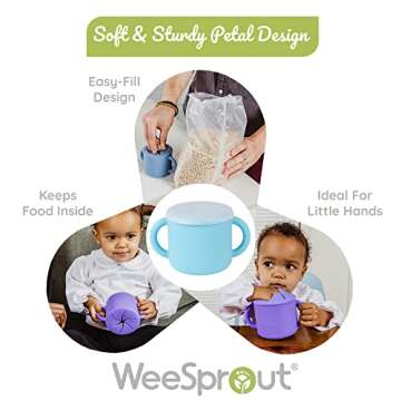 WeeSprout Snack Containers, Food Grade Silicone Snack Cups, Spill-Proof Tops For Toddlers and Babies, Premium Hard Plastic Travel Lids, Dishwasher Safe Toddler and Baby Cups,