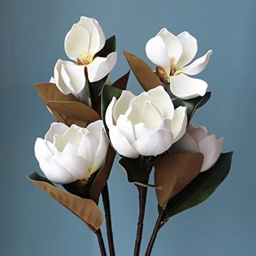 LIUCOGXI Vintage Artificial Magnolia Flower White 6 Heads,Long Stem Magnolia Bouquet with Green Leaves Arrangement for Home Office Living Room Bedroom Floor Vase Decoration