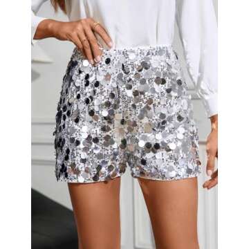 Floerns Women's Contrast Sequin Elastic Waist Sparkly Party Mini Shorts Silver Medium