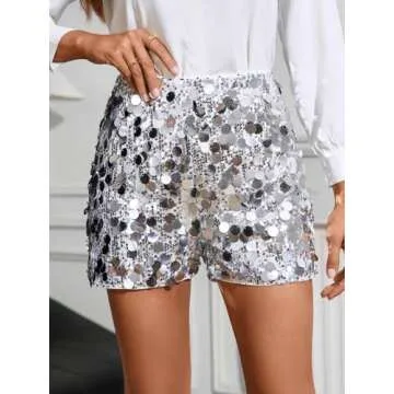 Floerns Women's Contrast Sequin Elastic Waist Sparkly Party Mini Shorts Silver Medium
