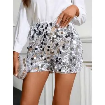 Floerns Women's Contrast Sequin Elastic Waist Sparkly Party Mini Shorts Silver Medium