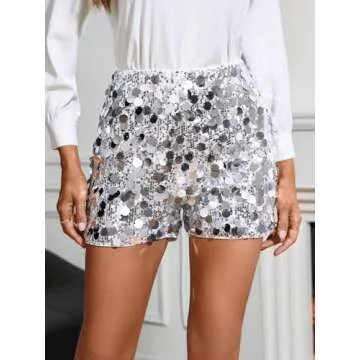 Floerns Women's Contrast Sequin Elastic Waist Sparkly Party Mini Shorts Silver Medium