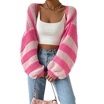 GORGLITTER Women's Color Block Striped Bolero Shrug Sweater Long Sleeve Open Front Crop Cardigan Top Outerwear Pink Small