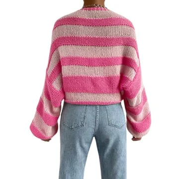 GORGLITTER Women's Color Block Striped Bolero Shrug Sweater Long Sleeve Open Front Crop Cardigan Top Outerwear Pink Small
